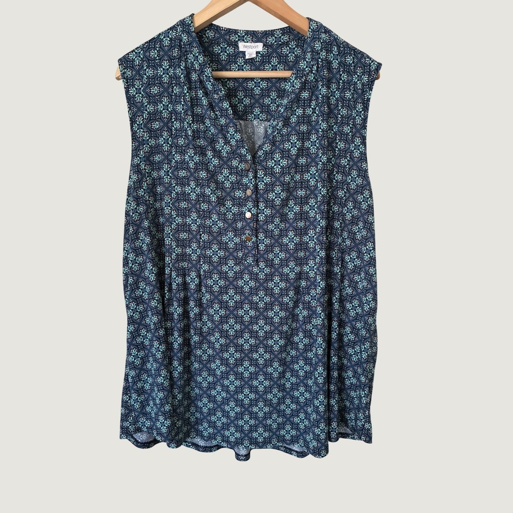 Westport Womens 2X Blue Teal Medallion Print Sleeveless Henley Blouse Top